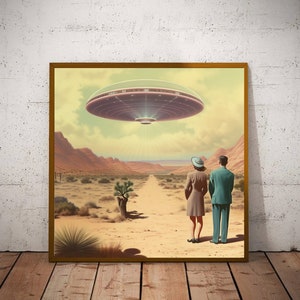 Woestijnvakantie I vintage op jaren 1950 geïnspireerde ufo-waarneming I muurafdruk halverwege de eeuw modern I atoomtijdperk.