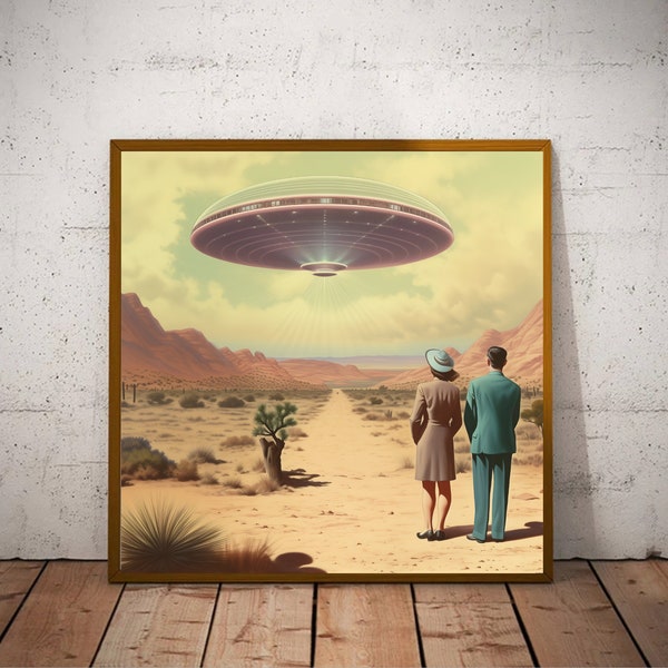 Desert Vacation I Vintage 1950's Inspired UFO Sighting I Mid Century Modern I Atomic Age Wall Print.