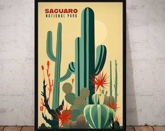 Arizona Desert Print – Saguaro National Park Poster, Retro Cactus Wall Art, Mid Century Modern Landscape Decor