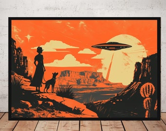 Retro UFO Desert Art Print - Mid Century Modern Sci-Fi Poster - Alien Spaceship Landscape - Vintage Western Wall Decor