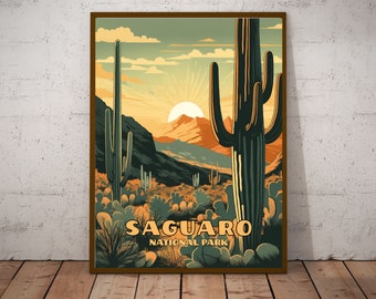 May include: A vintage-style poster featuring a scenic view of Saguaro National Park in Arizona. The poster features a sunset over a desert landscape with tall cacti, including a large Saguaro cactus in the foreground. The text "Saguaro National Park" is printed in a retro font at the bottom of the poster.