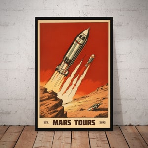 Mars Tours I Vintage Sci-Fi Inspired Rocket Flying Through Mars I Mid Century Modern I Atomic Age Inspired Wall Print