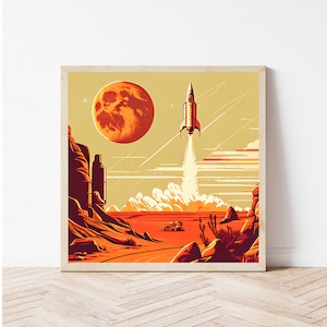 Mars Take Off I Vintage Sci-Fi Inspired Rocket Flying Through Mars I Mid Century Modern I Atomic Age Inspired Wall Print