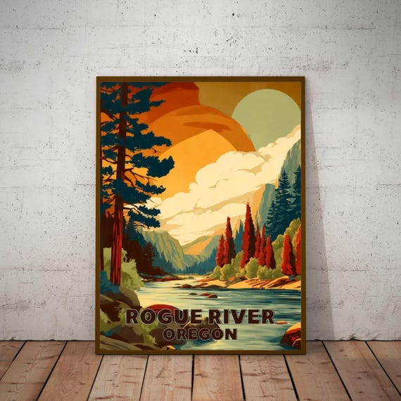 Rogue River Oregon Wall Art Print – Retro Travel Poster, Pacific Northwest Decor, Vintage Style Landscape Art, Oregon Nature Gift
