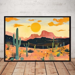 Mid Century Desert Sunset Art Print - Retro Cactus Landscape Wall Decor - Vibrant Southwestern Modern Art - Sunlit Desert Scene