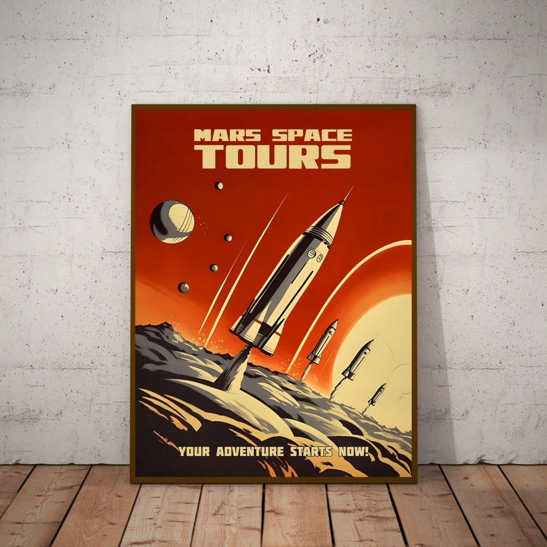 Retro Mars Space Travel Print - Vintage Sci-fi Rocket Poster - Mid ...