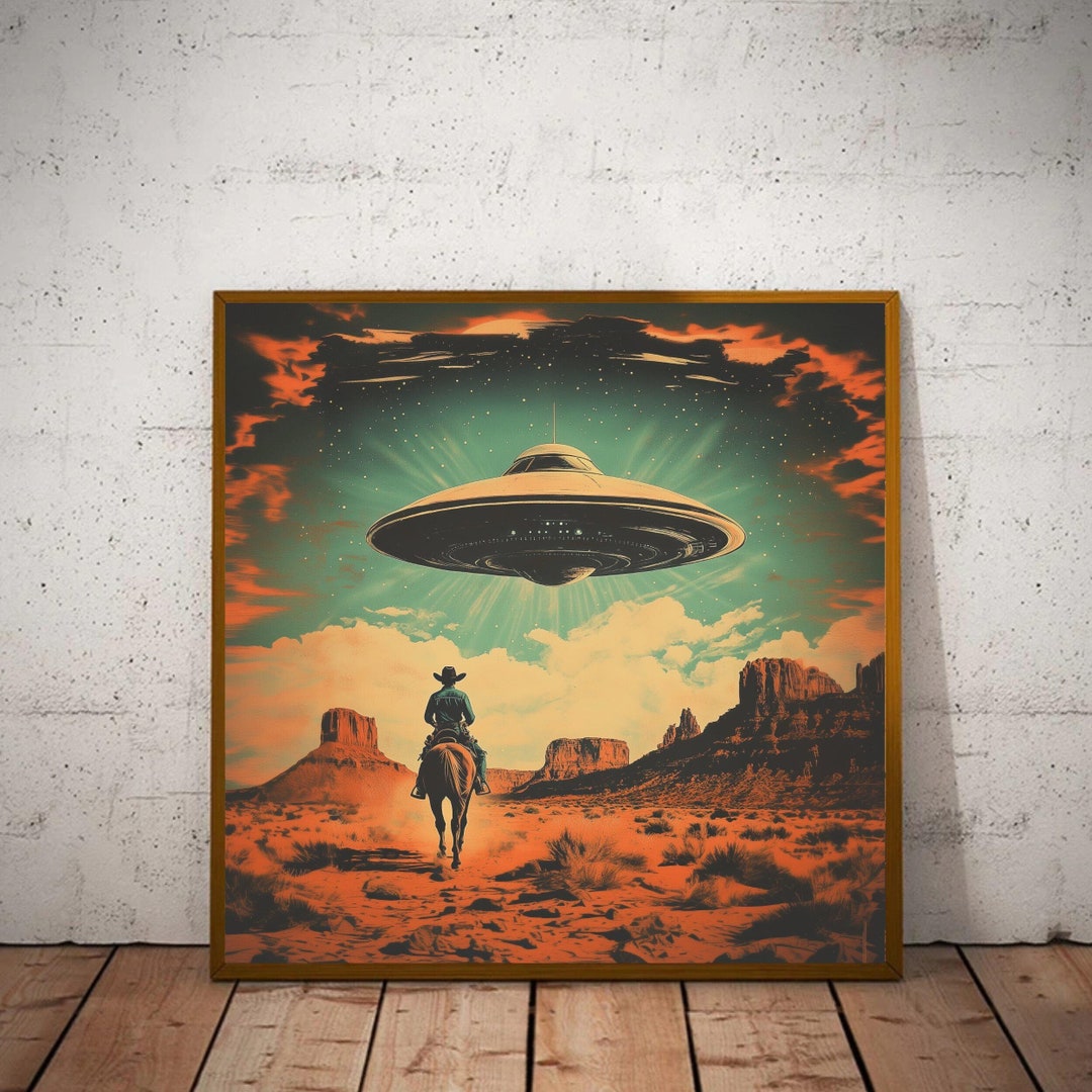 Mid Century Modern UFO Cowboy Print - Retro Sci-fi Western Art ...