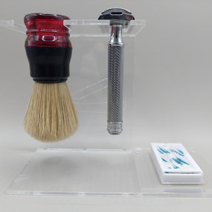 SVG laser cut shaving razor stand, double edged safety razor, shaving brush, shaving blade holder, wet shave, groomsmen gift