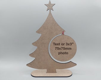 SVG laser cut Christmas tree with text or round photo up to 3x3", personalisable bauble with text or photo engraving, Xmas decor