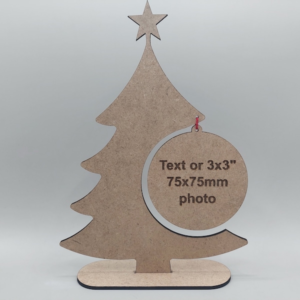 Sapin de Noël découpé au laser SVG avec texte ou photo ronde jusqu'à 3x3", boule personnalisable avec gravure texte ou photo, décor de Noël