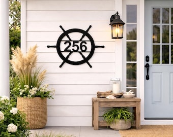 Laser Cut Ship Wheel House Number Sign SVG Nautical Editable 2 Sizes Digital File