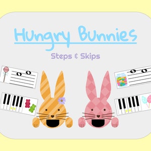 Könnte beinhalten: Ein ausdruckbares Arbeitsblatt für Kinder mit zwei Hasen, Noten und dem Titel "Hungry Bunnies Steps & Skips".