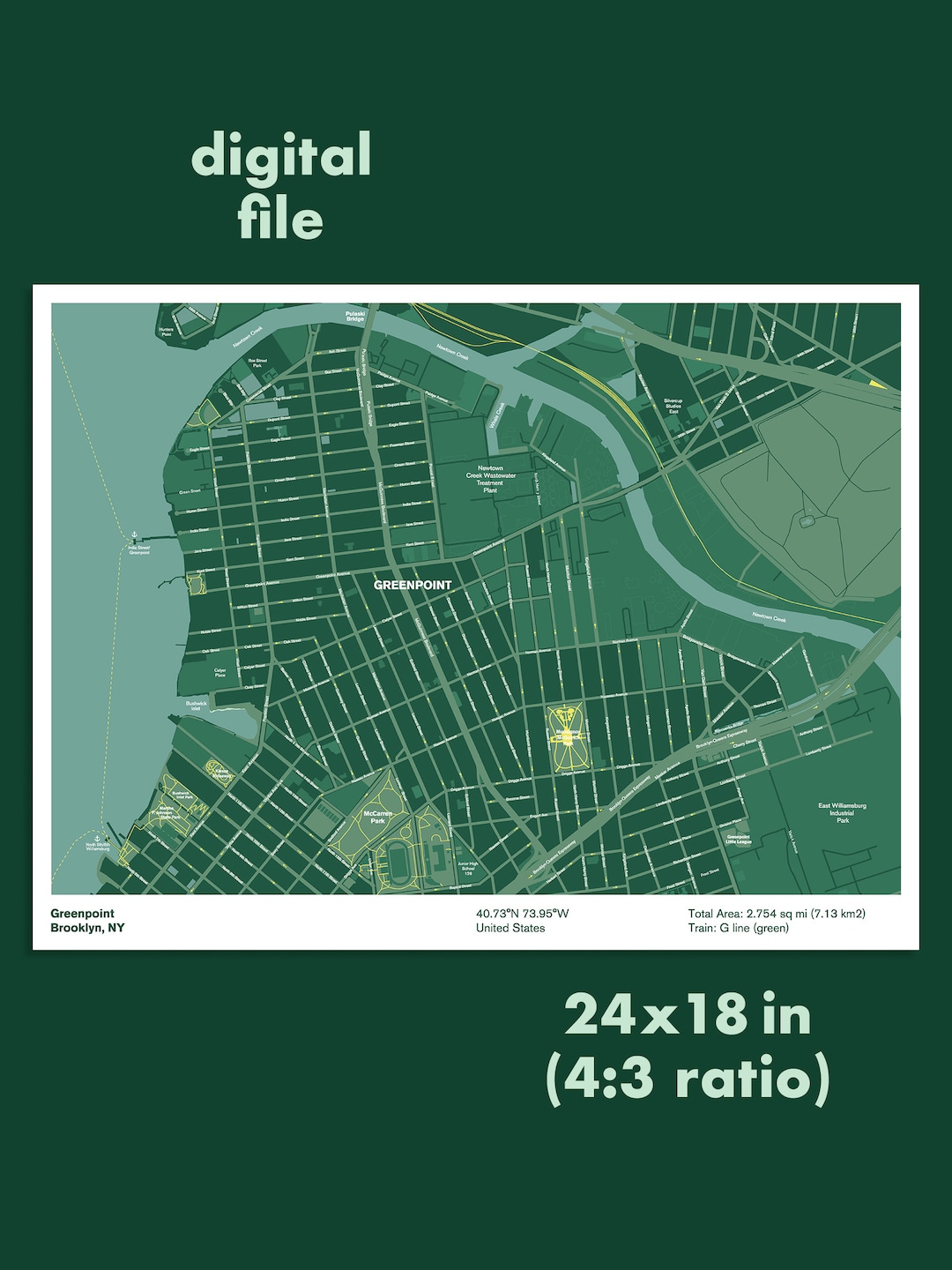 Greenpoint Map With Streets Digital Download 18 X 24 - Etsy