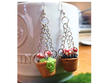 Mushroom earrings, miniature plant pot, garden earrings, cottagecore earrings,   boho jewelry, plant mom, quirky earrings, fairycore earring