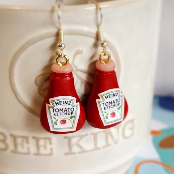 ketchup bottle earrings,  hypoallergenic earrings, cute food earrings, novelty earrings, funny weird earring, gift for friends birthday, fun