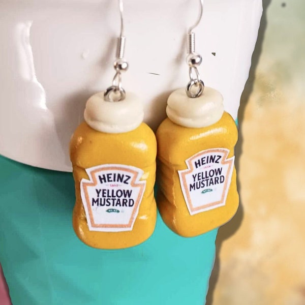 Mustard Earrings, Mustard Bottles, miniature food earrings, miniature condiment, weird earrings for girls, gift for best friend female, cute