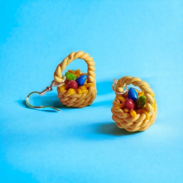 basket earrings dangle, handmade jewelry, earrings for women, easter basket stuffers, teen earrings, quirky earrings, hypoallergenic
