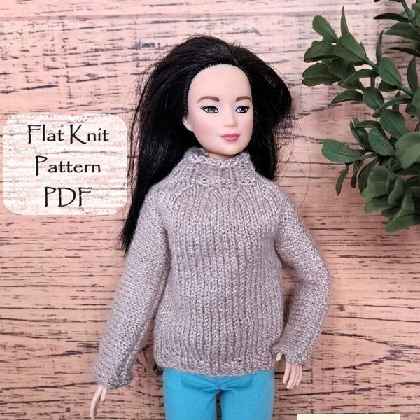 Sweater Knitting Pattern for 11.5 Inch Doll Turtleneck Sweater Easy Pattern for Beginners Knit Flat Clothes for Fashion Dolls