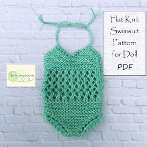 May include: A green knitted swimsuit pattern for a doll. The pattern is called "Flat Knit Swimsuit Pattern for Doll PDF".
