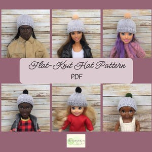 May include: A digital download pattern for a flat-knit hat for dolls. The pattern is available in PDF format. The image shows six different dolls wearing the hat in various colours.