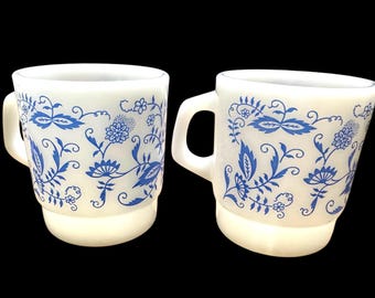 Vintage Milk Glass Blue Onion Mugs set of 2
