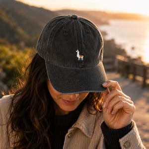 Op de afbeelding: Een donkergrijze baseballcap met een klein geborduurd lama-ontwerp op de voorkant. De cap heeft een gebogen klep en een klassiek zes-panelen ontwerp. De hoed is gemaakt van een zacht, versleten materiaal.
