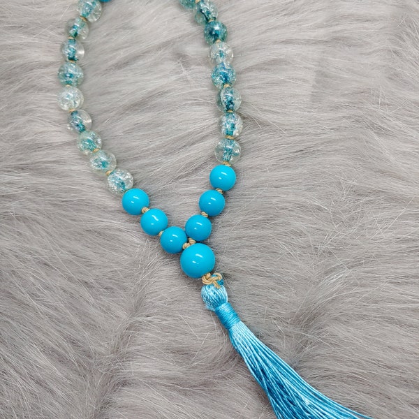 Quarter Wrist Pocket Mala With Teal & Blue Crackle Glass Beads Blue Tassel Buddhist Prayer Rosary