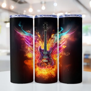 Cool 3D Flaming Electric Guitar Themed Tumbler Wrap PNG 20oz Skinny Tumbler Sublimation Design PNG Design 20oz Skinny Tumbler Wraps