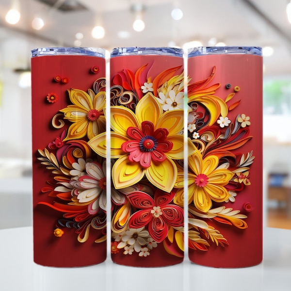 Beautiful Red & Yellow 3D Flower Themed Tumbler Wrap PNG 20oz Skinny Tumbler Sublimation Design PNG Design 20oz Skinny Tumbler Wraps