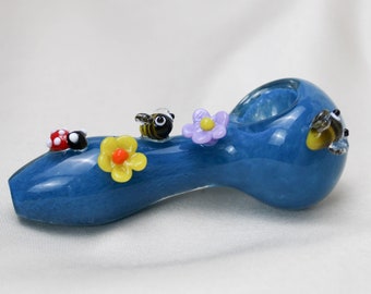 Handmade Glass Pipe Blue Oxford Glass with ladybug bees and flowers 4"