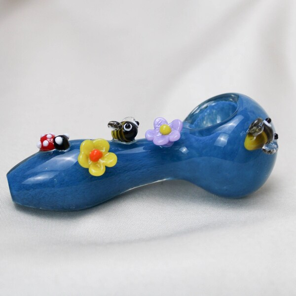 Handmade Glass Pipe Blue Oxford Glass with ladybug bees and flowers 4"