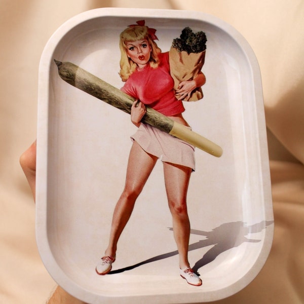 90s Busty Lady Holding J Rolling Tray