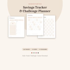 May include: A digital savings tracker and challenge planner with three displayed pages featuring an emergency fund layout, a hexagonal savings challenge, and a grid-based tracker. The text reads BUDGETSBYOZ, Savings Tracker & Challenge Planner, 26 PAGES, 3 SIZES, 4 COLOURS, and Goals, Funds, Challenges, Instant Download.