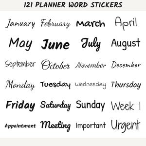 Digitale Planer-Wörter-Sticker, 121 einfache Kalenderwort-Sticker, vorgeschnittene PNG-Sticker für GoodNotes Planner