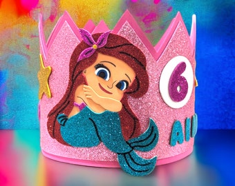 Corona de cumpleaños de Sirenita. Fiesta temática de Princesas. Corona personalizada.