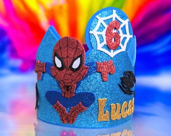 Corona de cumpleaños de Spiderman. Fiesta temática de Super Héroes. Corona personalizada.