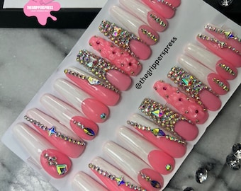 Designer Sparkle Press On Nails Glue On Nails | XXL Nails | Birthday Nails,  Crystal Press on Nails, Luxury Pink Rhinestone Ballerina RTS