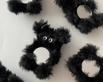 Fluffy Black Cat Keychain with Mirror | Plush Bag Charm
