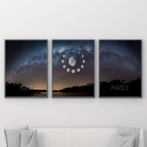 May include: Three framed art prints depicting a night sky with the Milky Way and moon phases. The middle print shows the moon phases in a circular arrangement. The text "MOON" and "PHASES" are at the bottom of the left and right prints.