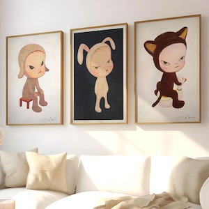 Yoshitomo Nara Signed Art High Quality Set of 3 Canvas / Art Prints / Framed Japanese Wall Art, We are Punks, Harmless kitty, Yayoi Kusama