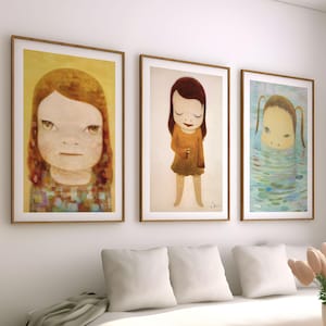 Yoshitomo Nara Signed Art High Quality Set of 3 Canvas / Art Prints / Framed &#39;The Little Thinker&#39; Home Decor Poster, Japanese, Yayoi Kusama