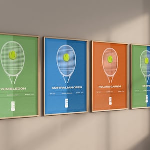 Conjunto de 4 pôsteres de tênis, arte de parede, tela/emoldurado/impressão artística, impressões de arte de bola e quadra de tênis 2024, presente de tênis, decoração para casa, arte de tênis
