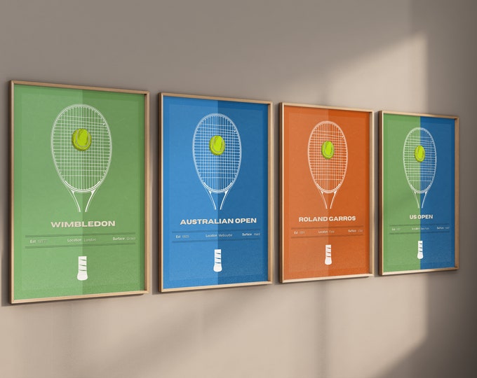Tennis Poster Set of 4 Framed Wall Art, Tennis Racket Ball & Court Art Prints 2024 Tennis Gift Home Decor Framed / Unframed