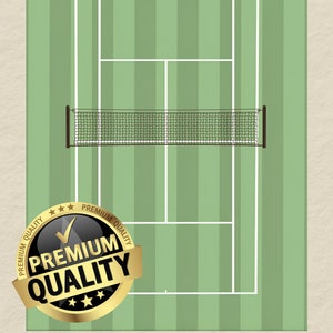 May include: A green tennis court with white lines and a black net. The court has a gold seal with the text "Premium Quality" and three stars. The text "Wimbledon" is below the court, with the text "Since 1877", "Location London", and "Surface Grass" below that.
