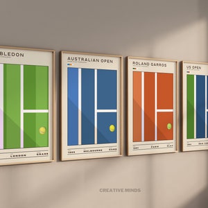 Conjunto de pôsteres de tênis 4 x arte de parede emoldurada/sem moldura/tela vintage minimalista impressões de quadra de tênis 2024 presente de tênis, decoração de tênis