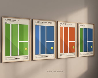Tennis Poster 4 x SET Wall Art Framed / Unframed / Canvas Vintage Minimalist Tennis Court Prints 2024 Tennis Gift, Tennis Decor