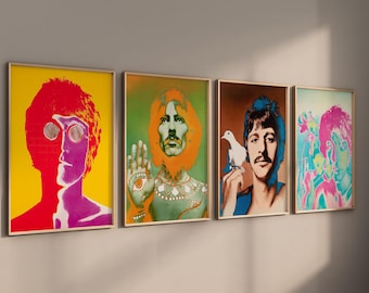 Vintage Beatles Set of 4 Canvas / Art Prints / Framed Wall Art, High Quality The Beatles Poster, Retro Music Art 1960&#39;s Vibrant Wall Prints