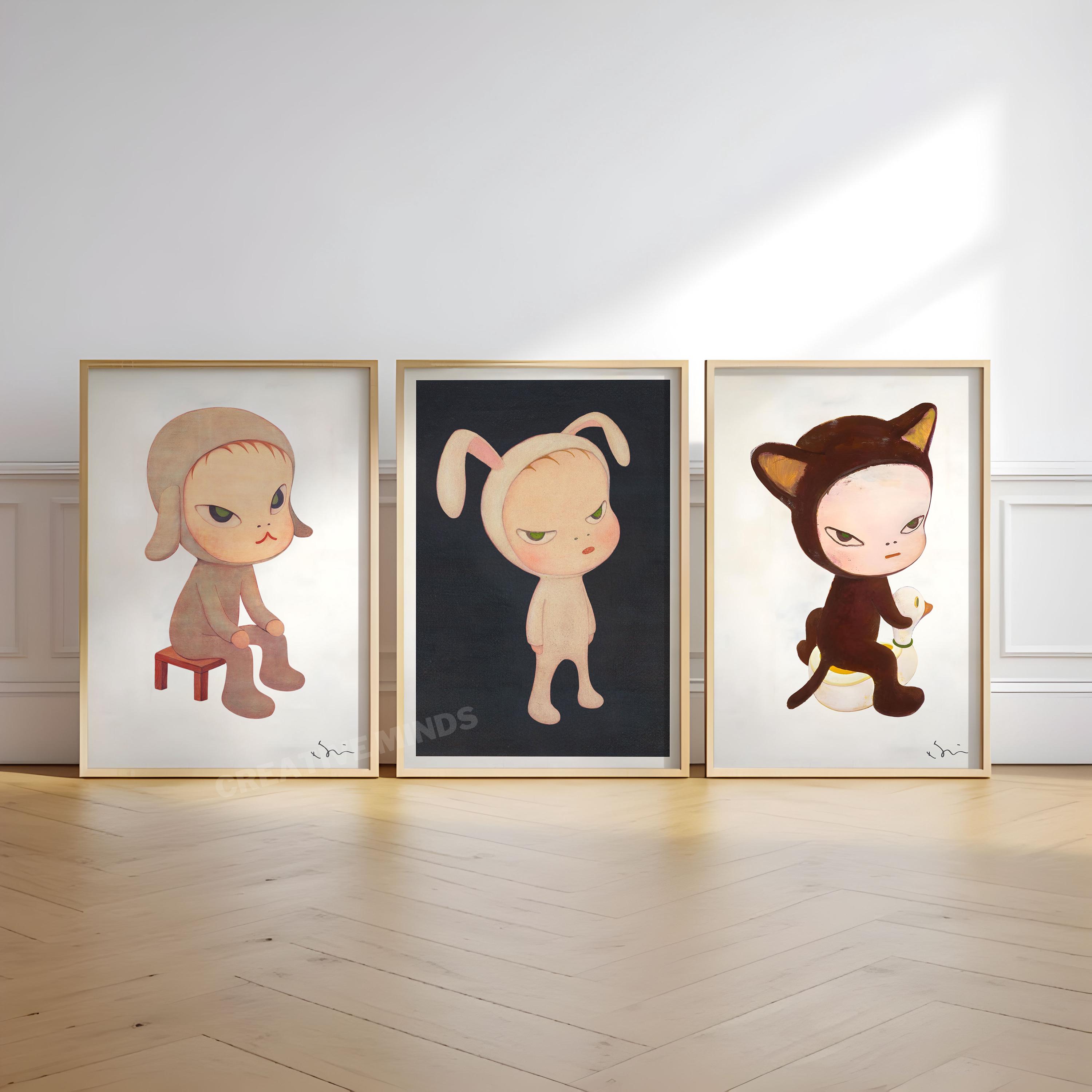 Yoshitomo Nara Signed Art High Quality Set of 3 Canvas / Art Prints / Framed Japanese Wall Art, We are Punks, Harmless kitty, Yayoi Kusama