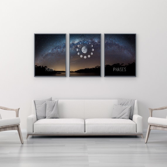 Night sky art, Moon wall art, Set of 3 modern art prints, landscape, home decor, bedroom art, living room prints, Moon art