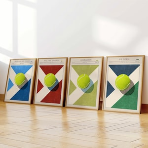 Conjunto de pôsteres de tênis com 4 artes de parede vintage emolduradas/sem moldura e impressões em tela para quadra de tênis 2024, presente de tênis, decoração de tênis para casa, fã de tênis